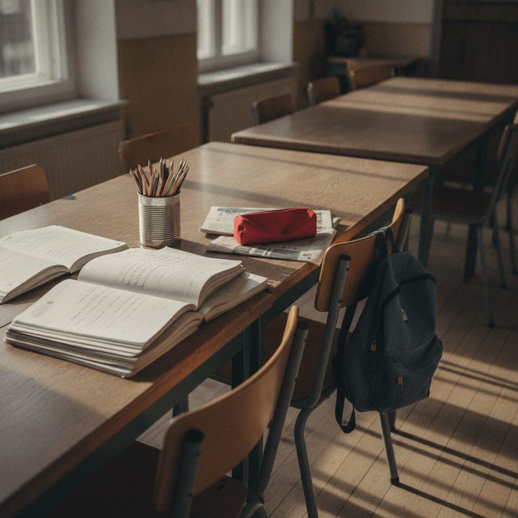 Tisch mit aufgeschlagenen Schulheften, Stiften und einem Kinderrucksack am Stuhl