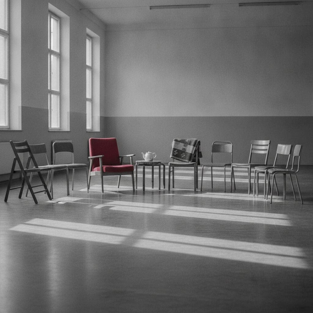 Stuhlkreis in einem leeren hellen Saal, ein Stuhl davon rot gepolstert