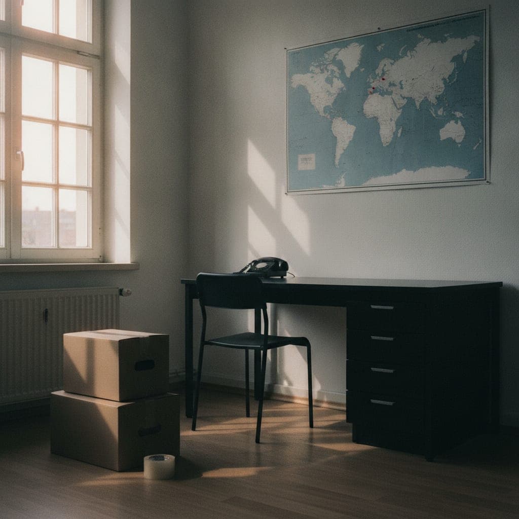 Projektschreibtisch am Fenster mit Weltkarte, roten Pinnnadeln und gepackten Kartons