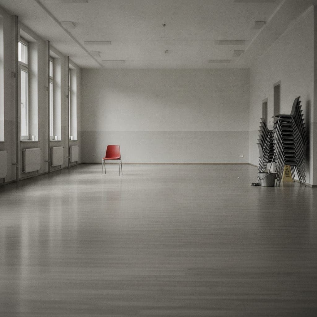 Gestapelte Stühle an der Wand, ein roter Stuhl steht allein