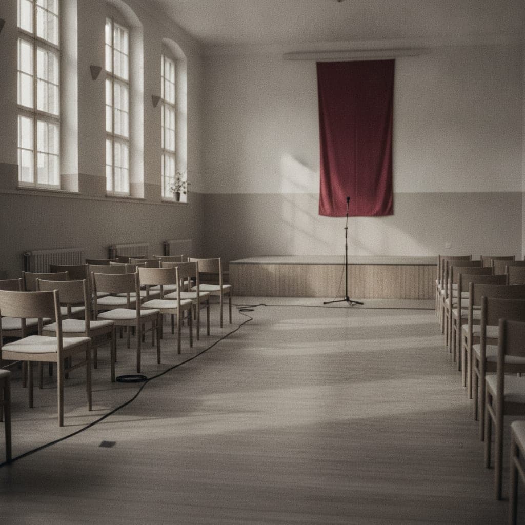 Saal mit Stuhlreihen und Bühne vor einer Veranstaltung